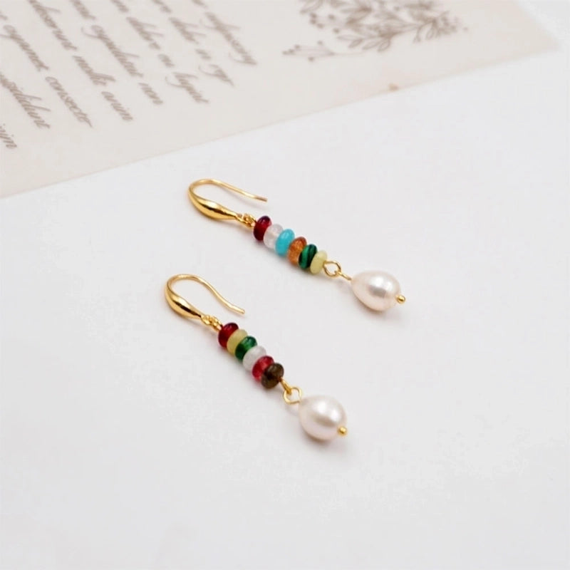 1 Pair Chinoiserie Casual Geometric Beaded Natural Stone Freshwater Pearl Copper Gold Plated Drop Earrings