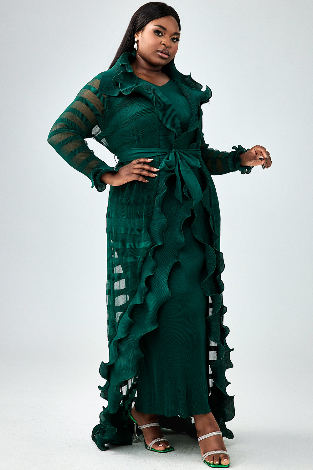 Design Plus Size Semi Formal Dress Set Green See-Through Ruffle Knitted Two Piece Maxi Dress Set