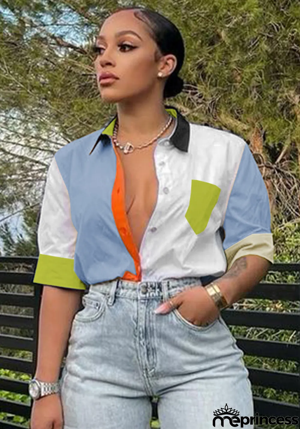 Women Autumn Blue Modest Turn-down Collar Half Sleeves Color Blocking Pockets Regular Shirt