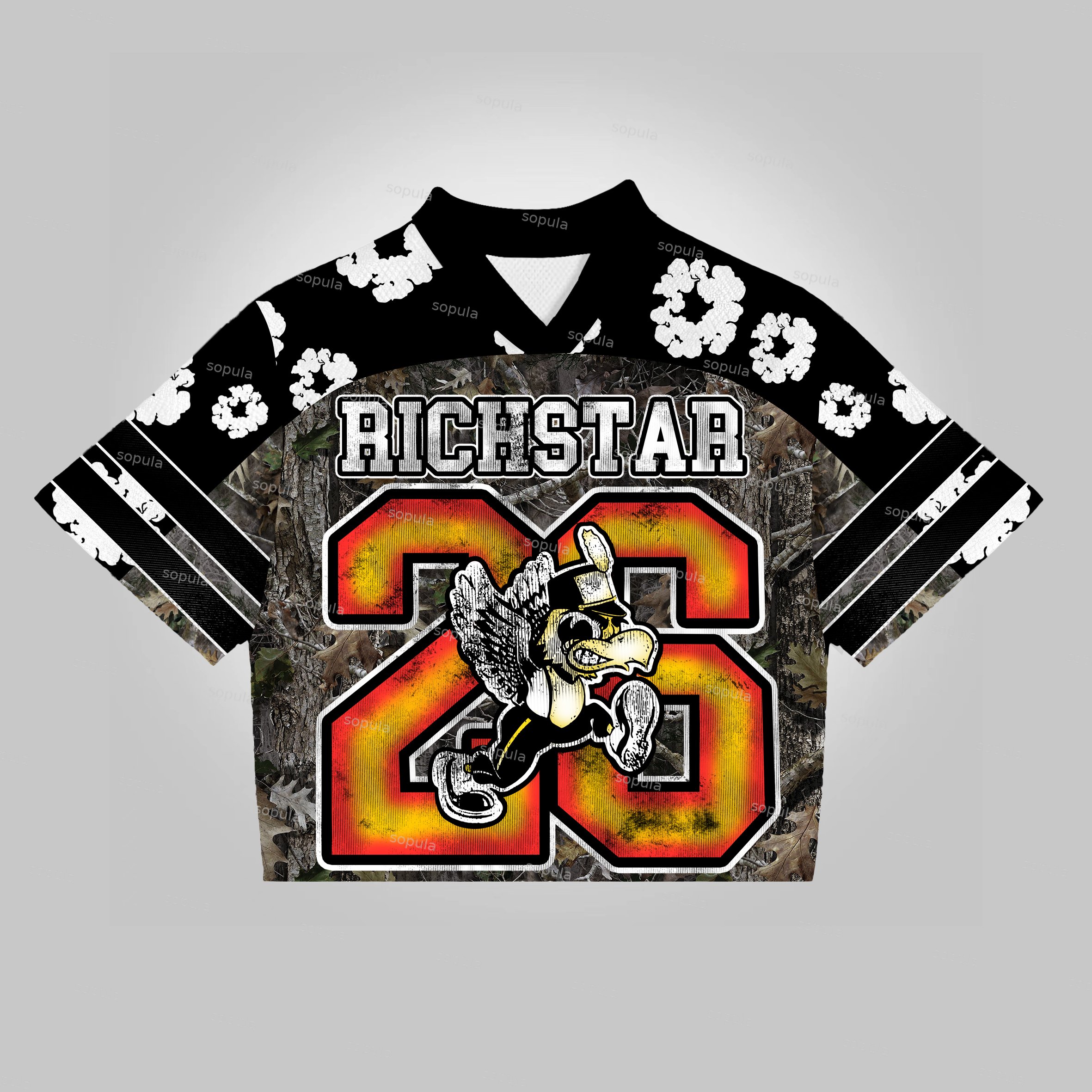 Vintage Rich Star Camo Jungle wreath graphics Blokecore Blokette Jersey V-neck T-shirt - Sopula｜Premium Graphic Tees & Graphic Clothing