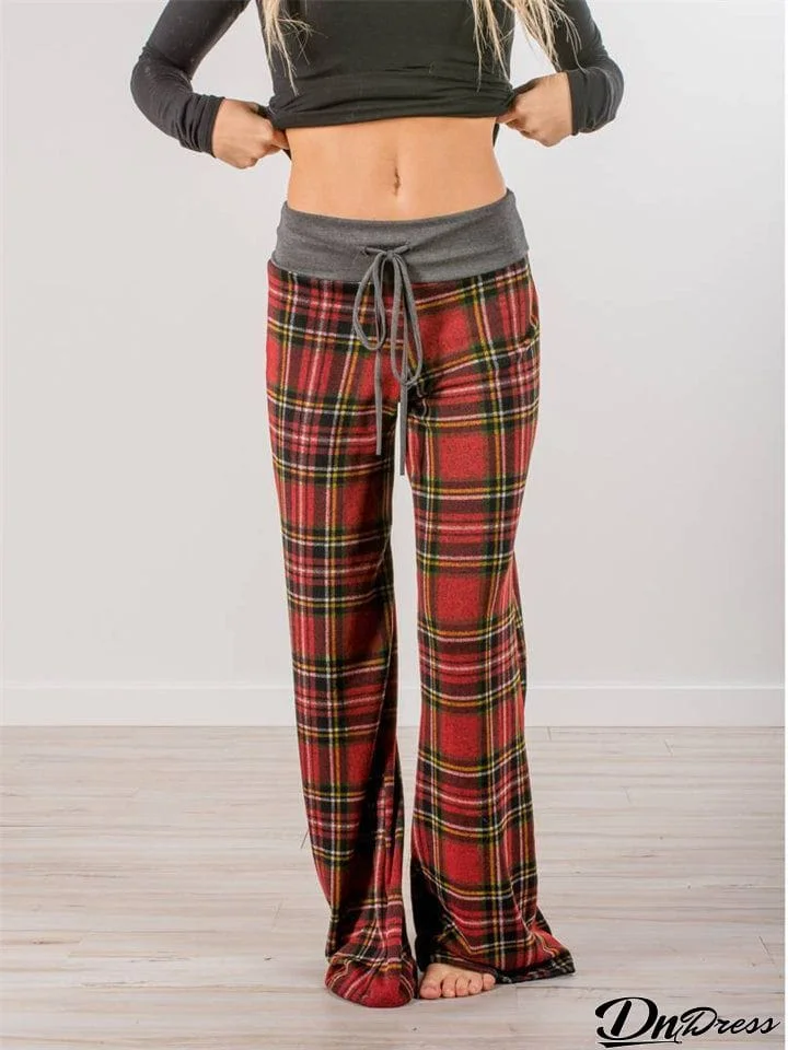 Women's Classic Style Loose Drawstring Plaid Home Pants