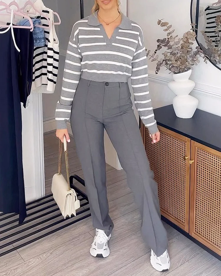 V-neck Striped Top & Casual Pants Two-piece Set