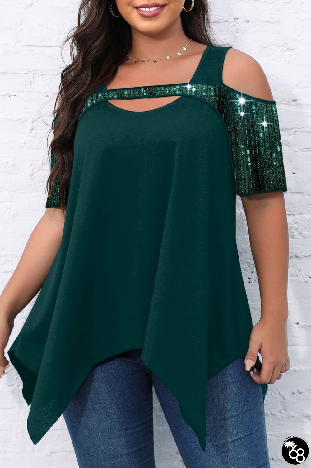 Ink Green Casual Solid Hollowed Out Patchwork O Neck Plus Size Tops | 168DEAL