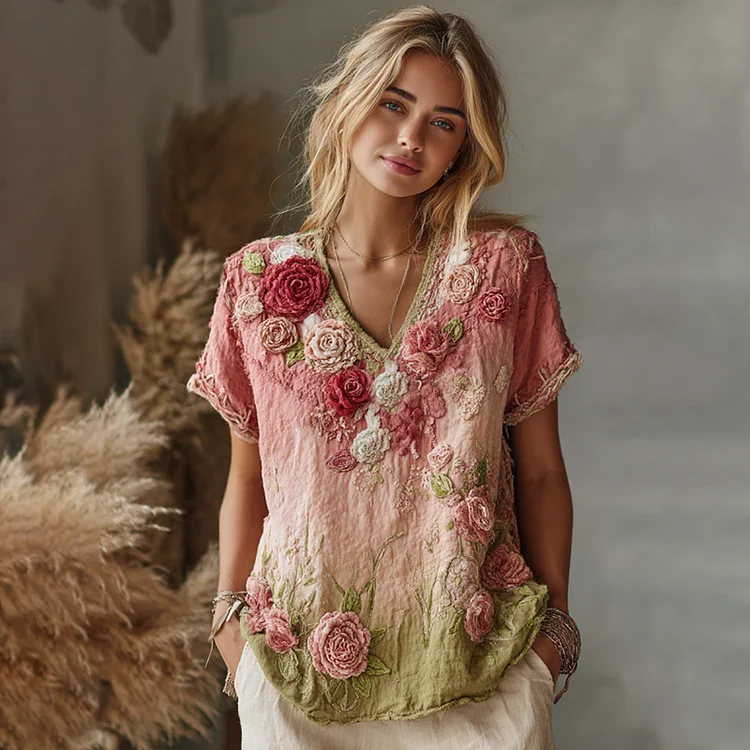 Love & Health Collection Retro Western Women Style Vintage Rose And Floral Patchwork Art V Neck Linen T-shirt
