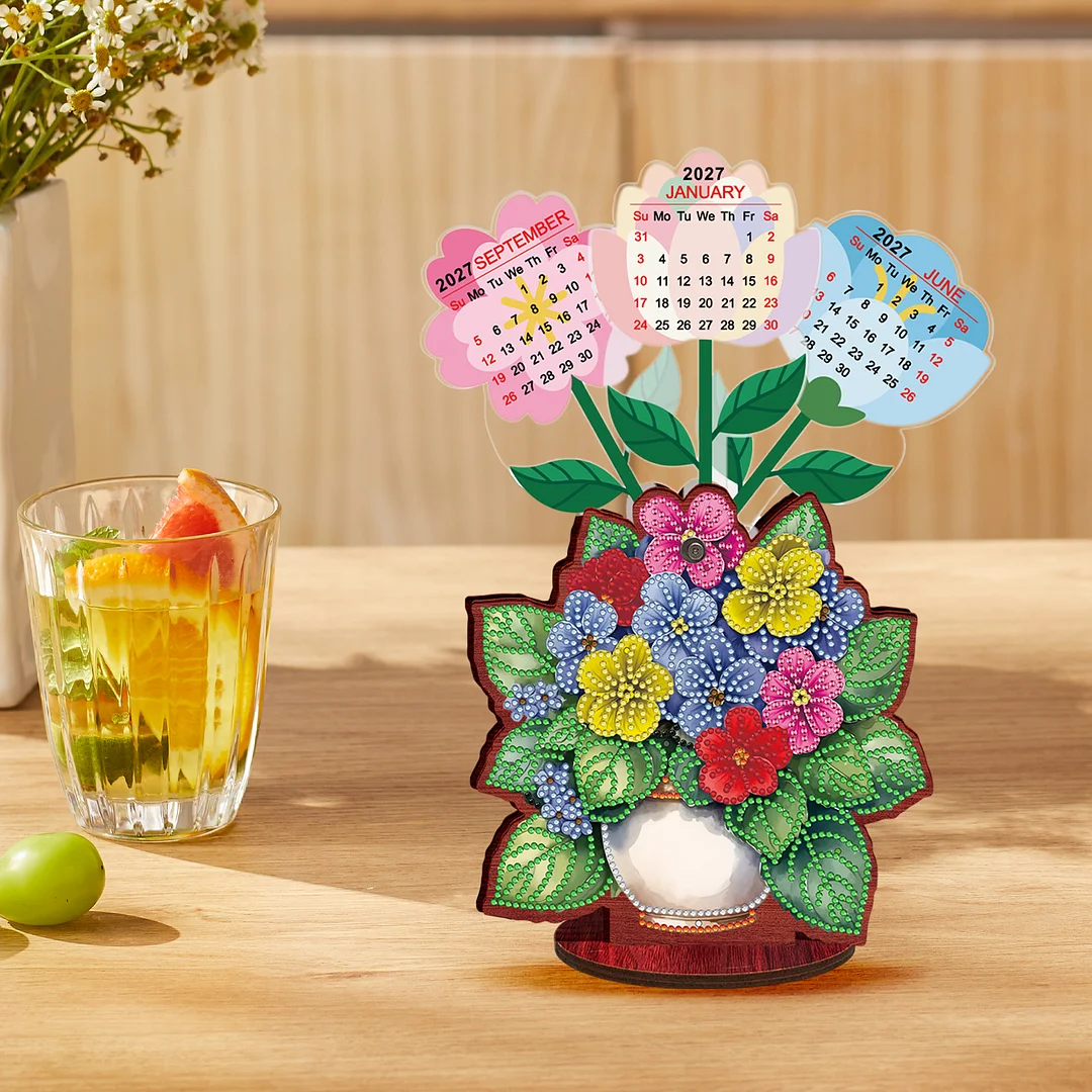 2026 Calendar DIY Diamond Art Kit Flower Pot Wooden Diamond Painting Calendar