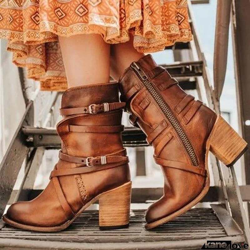 Buckle Peep Toe Chunky Heels Boots