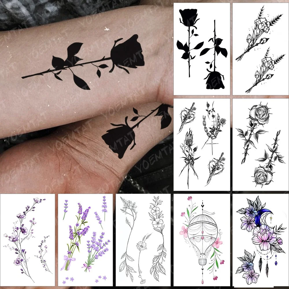 Waterproof Temporary Tattoo Sticker Old School Rose Flash Tatoo Black Flowers Arm Wrist Fake Tatto For Body Art Women Men