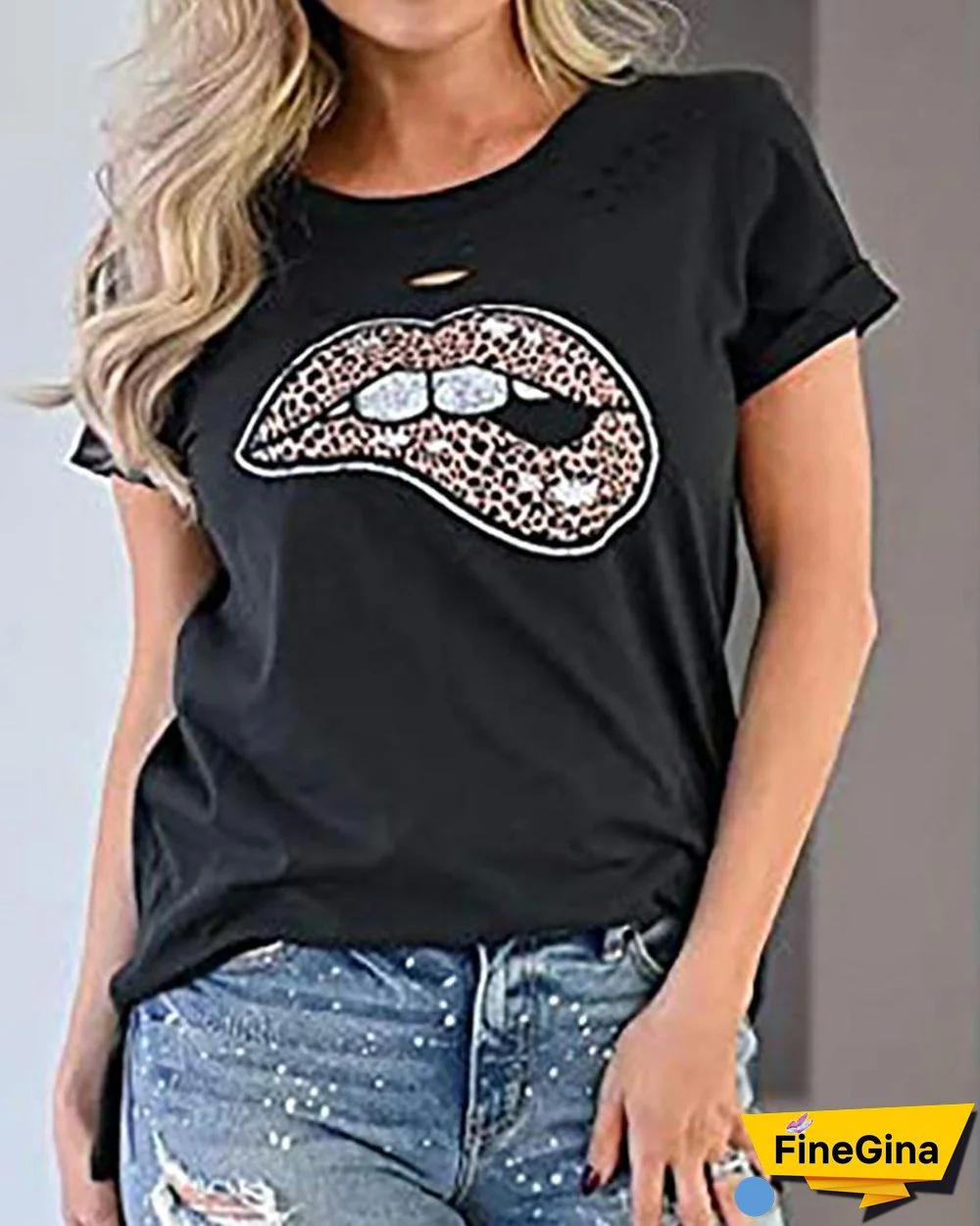 Short Sleeve Lip Leopard Print T-shirt P14771