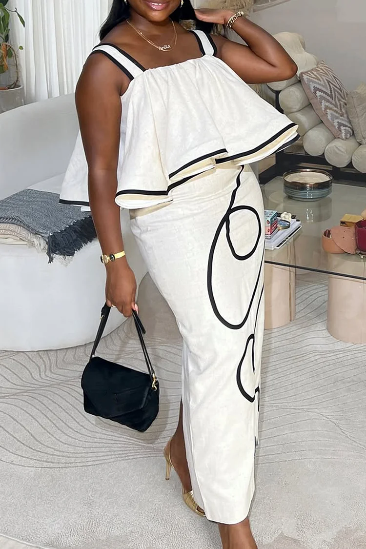 Plus Size Vacation White Casual Graphic Split Linen Maxi Dress[Pre-Order] 2024 - Xpluswear