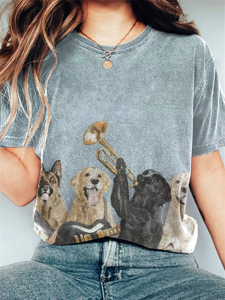 Cute Dog Band Print Cotton Blend T-shirt