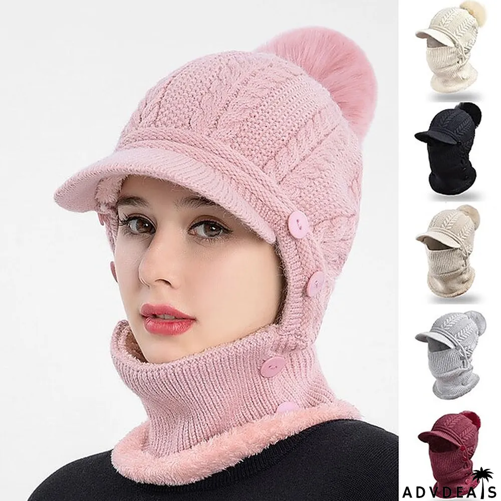 Border Hat Winter Women's One Piece Knitted Pullover Warm Cap Solid Color Ear And Face Protection Hat