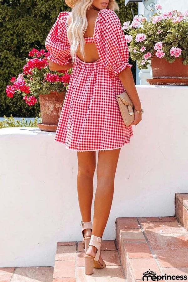 Check Print Lace Panel Backless Mini Dress