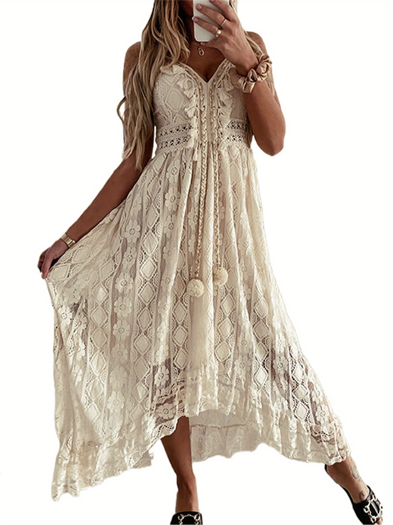 Sleeveless Deep V-Neck Women Lace Hem Dress | Beige/White Summer Beachwear Skirt | IFYHOME