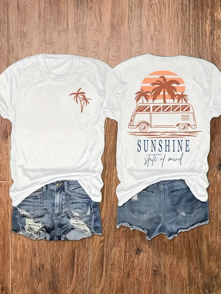 Sunshine Print Crew Neck T-shirt, Short Sleeve Casual Top For Summer & Spring, Women's Clothing