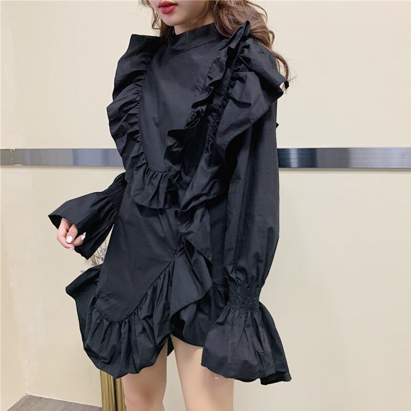 2021 Spring Long Flare Sleeve O Neck Ruffles Loose Free Size Japan Style Black Irregular Short Mini Dress Women