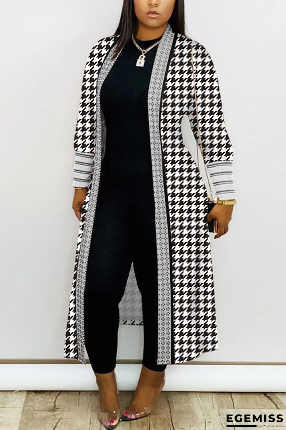 Black White Casual Daily Print Printing Cardigan Collar Plus Size Outerwear | EGEMISS
