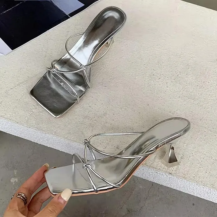 Summer Gold Slipper Low Heel Slides Peep Toe Sandal with Square Heel