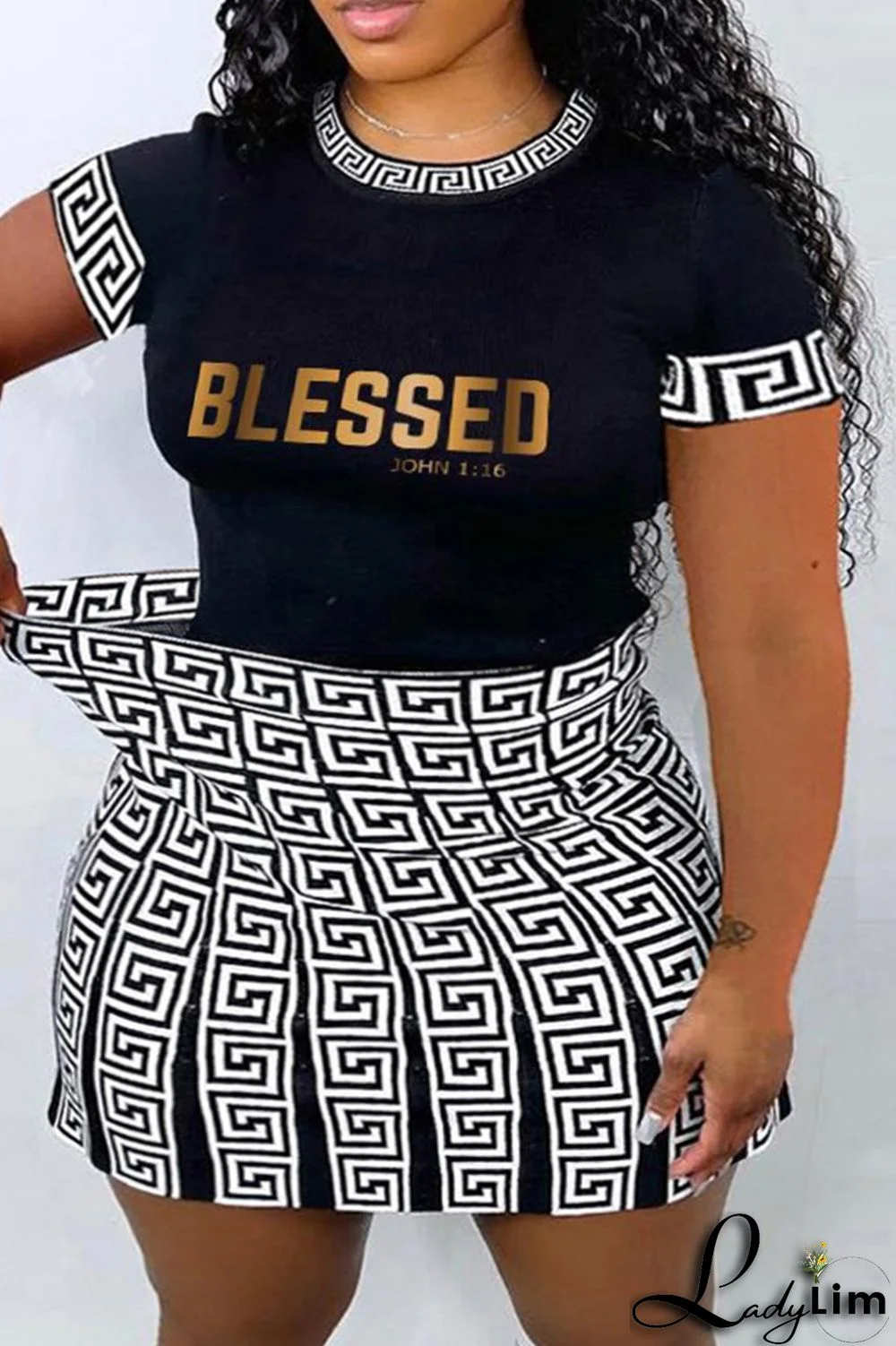 Black Fashion Casual Letter Print Patchwork O Neck Plus Size Two Pieces