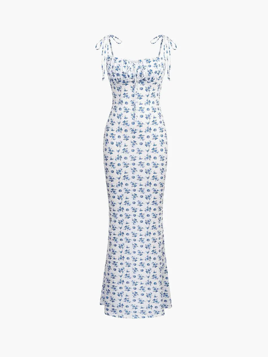 Suspenders Floral Pattern Drawstring Midi Dress