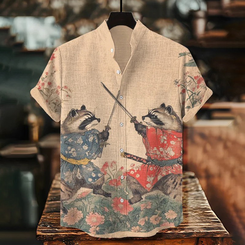 Men's Japanese Kimono Raccoon Warriors Fighting With Sword Print Casual Shirt  artssus