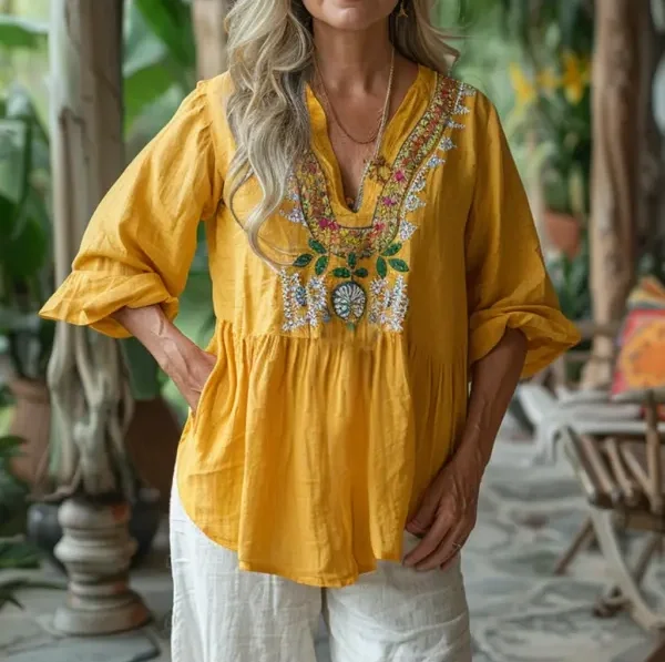 Retro Loose Comfortable And Breathable Ethnic Style Linen V-neck Short-sleeved Top