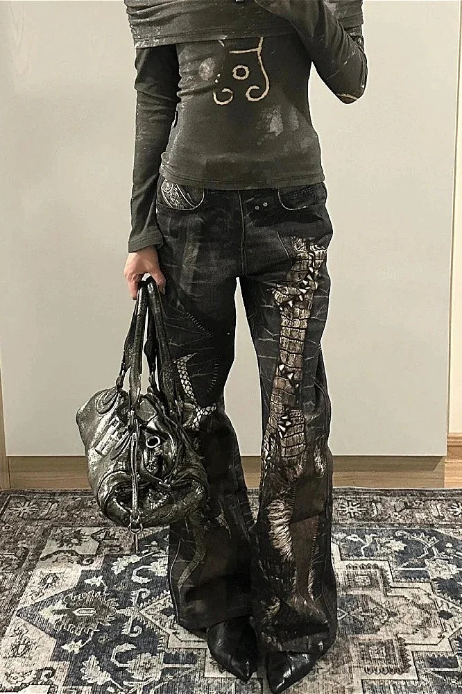 Snake Skin Gothic Punk Black Denim Pants