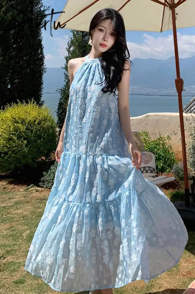 Women Summer Blue Halter Bandage Loose Long Floral Print Dresses Fashion Party Slim Pleated Dress Sweet Elegant Off Shoulder New Aiertu