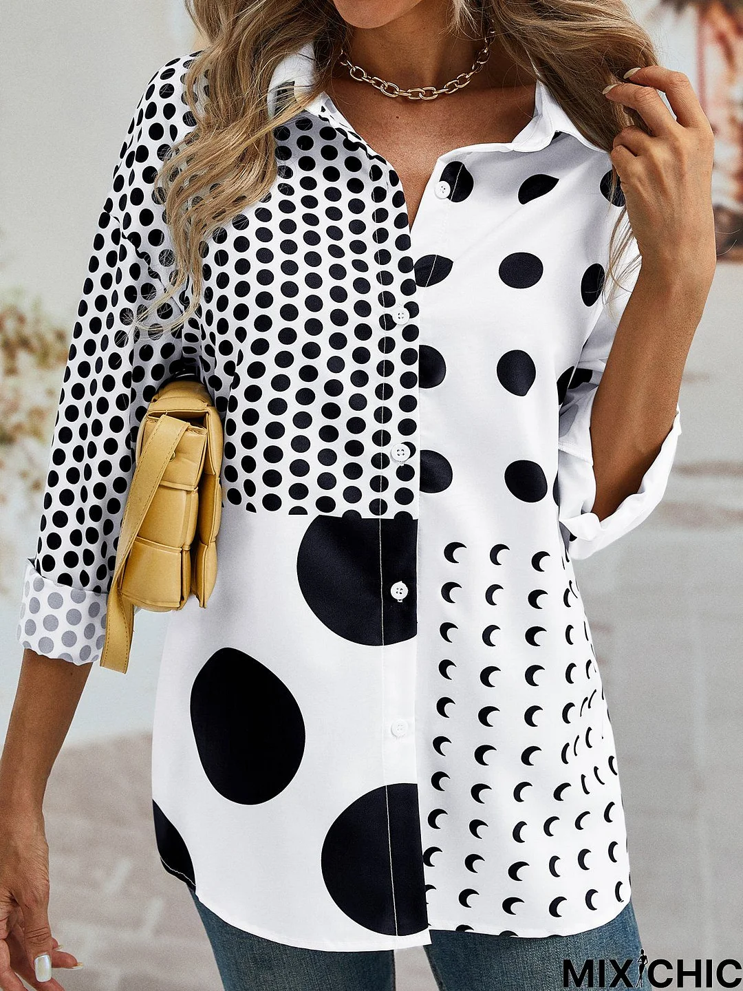 Casual Polka Dots Long Sleeve Shirt Collar Printed Tunic Blouse