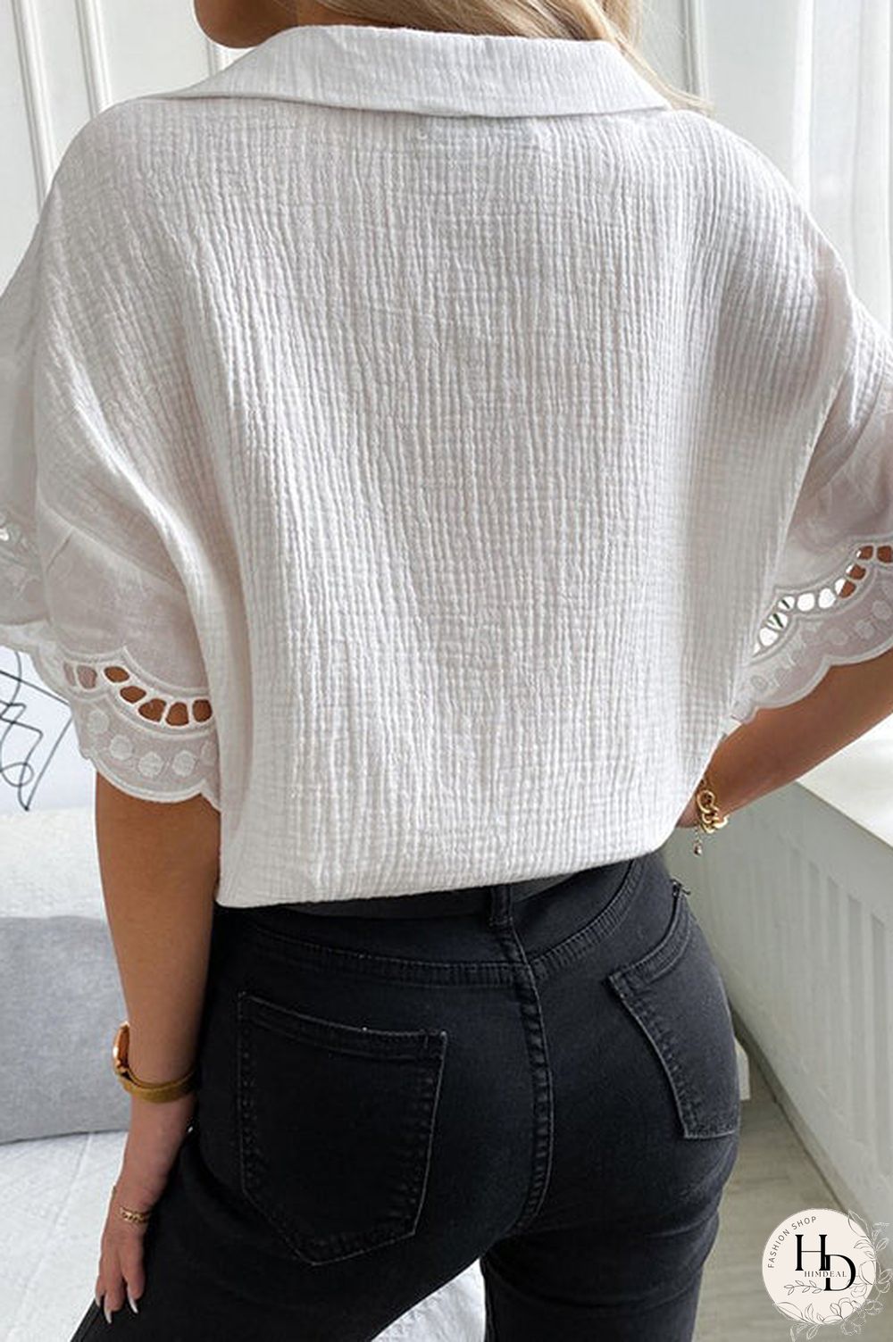 Keyhole Scalloped Edges V Neck Blouse