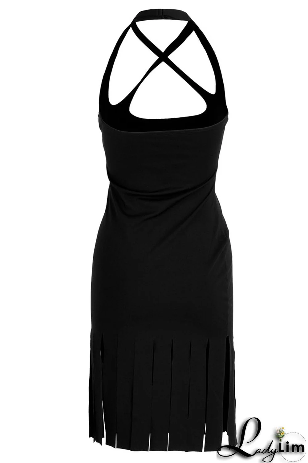 Black Sexy Solid Tassel Split Joint Pencil Skirt Dresses