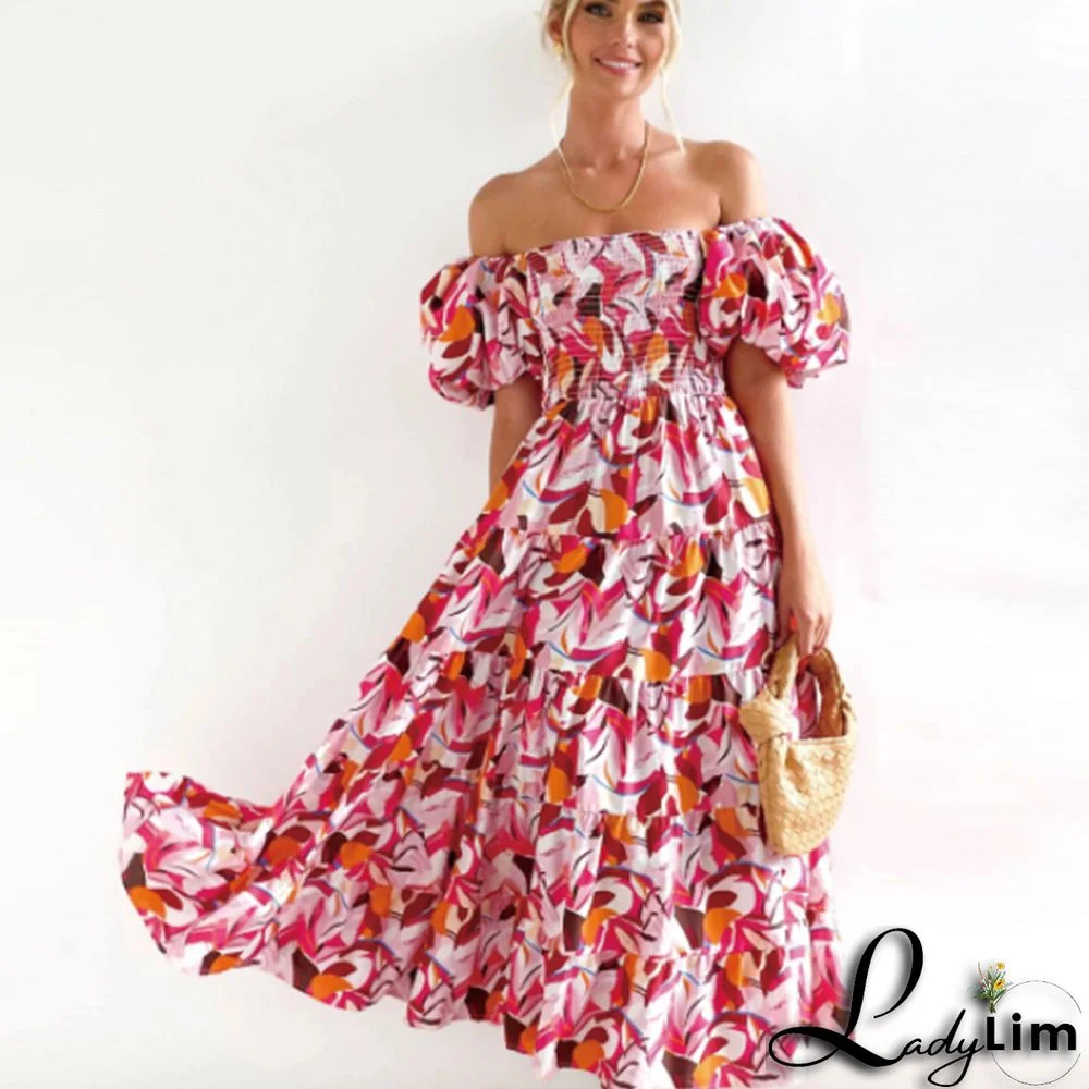 Women Boho Print Off Shoulder Holidays Oversized Dress