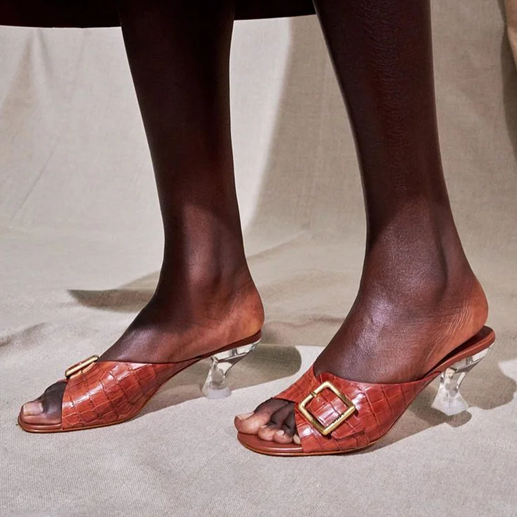 Peep Toe Crocodile Shoes Women's Clear Kitten Heel Vintage Sandal Mules |FSJ Shoes
