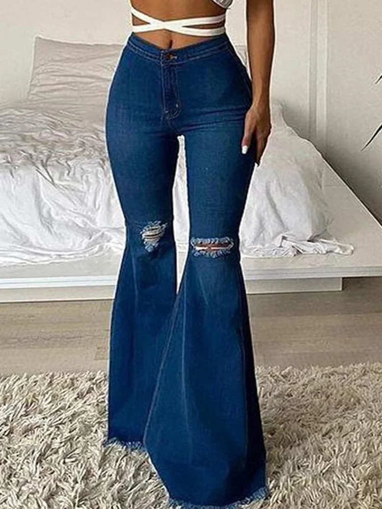 Fashion Plain Flare Leg Ripped Denim Long Pants