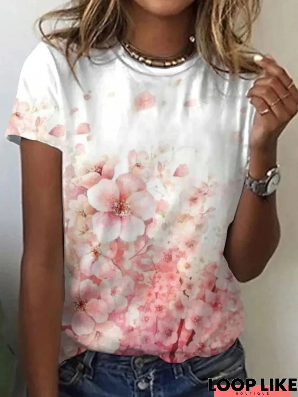 Casual Floral Short Sleeve Round Neck Printed Top T-shirt