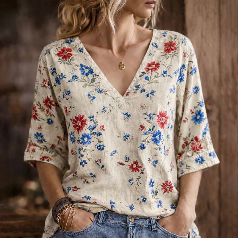 Comstylish Women's Independence Day Flora Art Print T-shirt