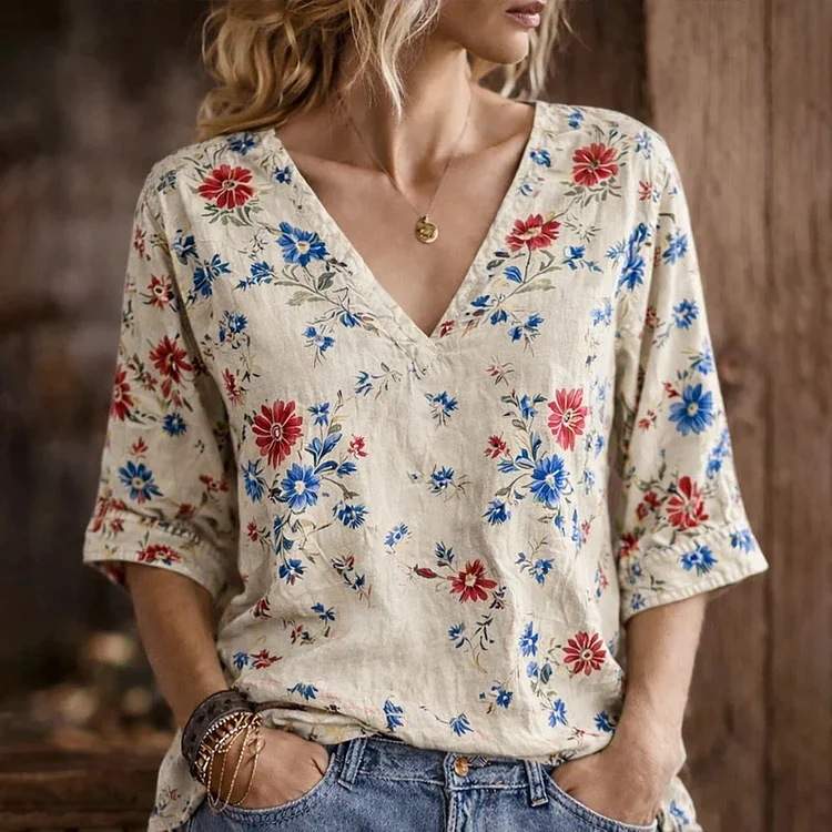 Women's Independence Day Flora Art Print T-shirt