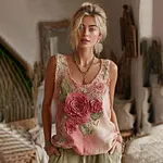 Women's Vintage Floral Art Linen Crew Neck Sleeveless Top - Image 2