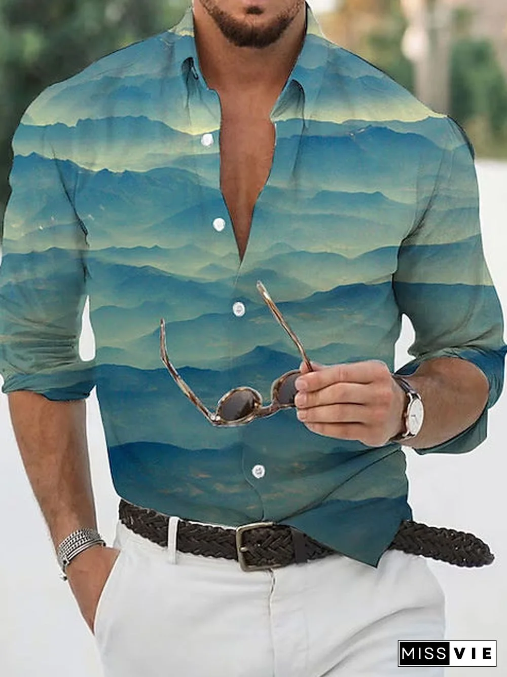 Men Long Sleeve V-neck Graphic Printed Buttons Shirts