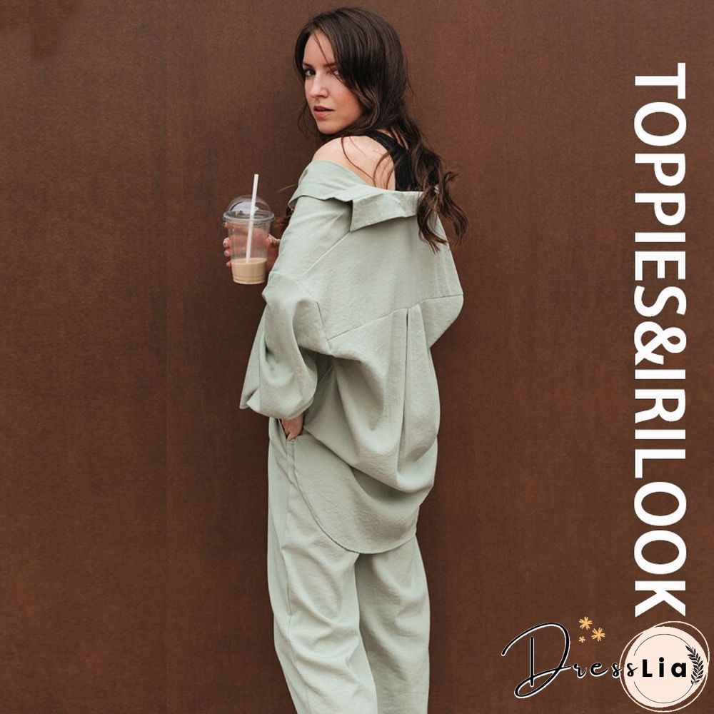 Toppies Women Two Piece Set Casual Shirt Office Lady Long Sleeve Blouse Chic Elastic Waist