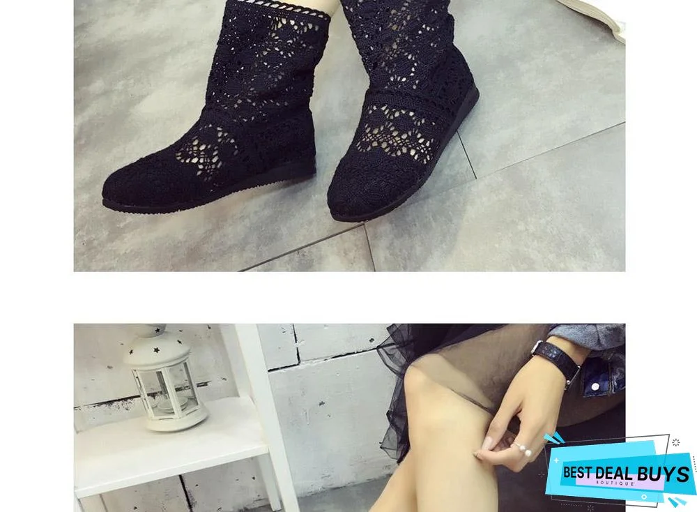 Women Cut-Outs Fashion Shoes Knitted short lace Boot ankle botas Boots