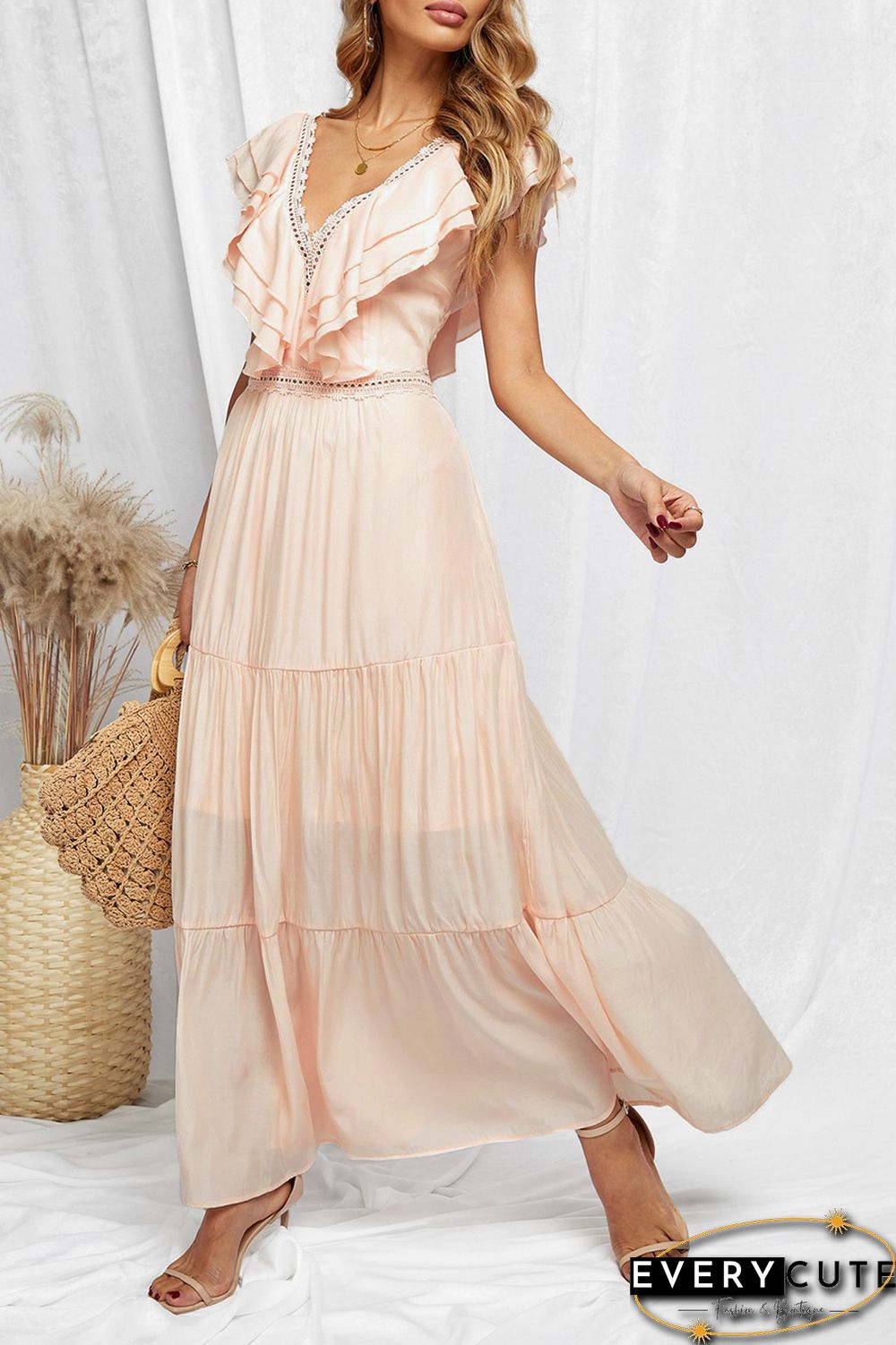 Pink Lace Splicing Ruffled Deep V Neck Maxi Dress