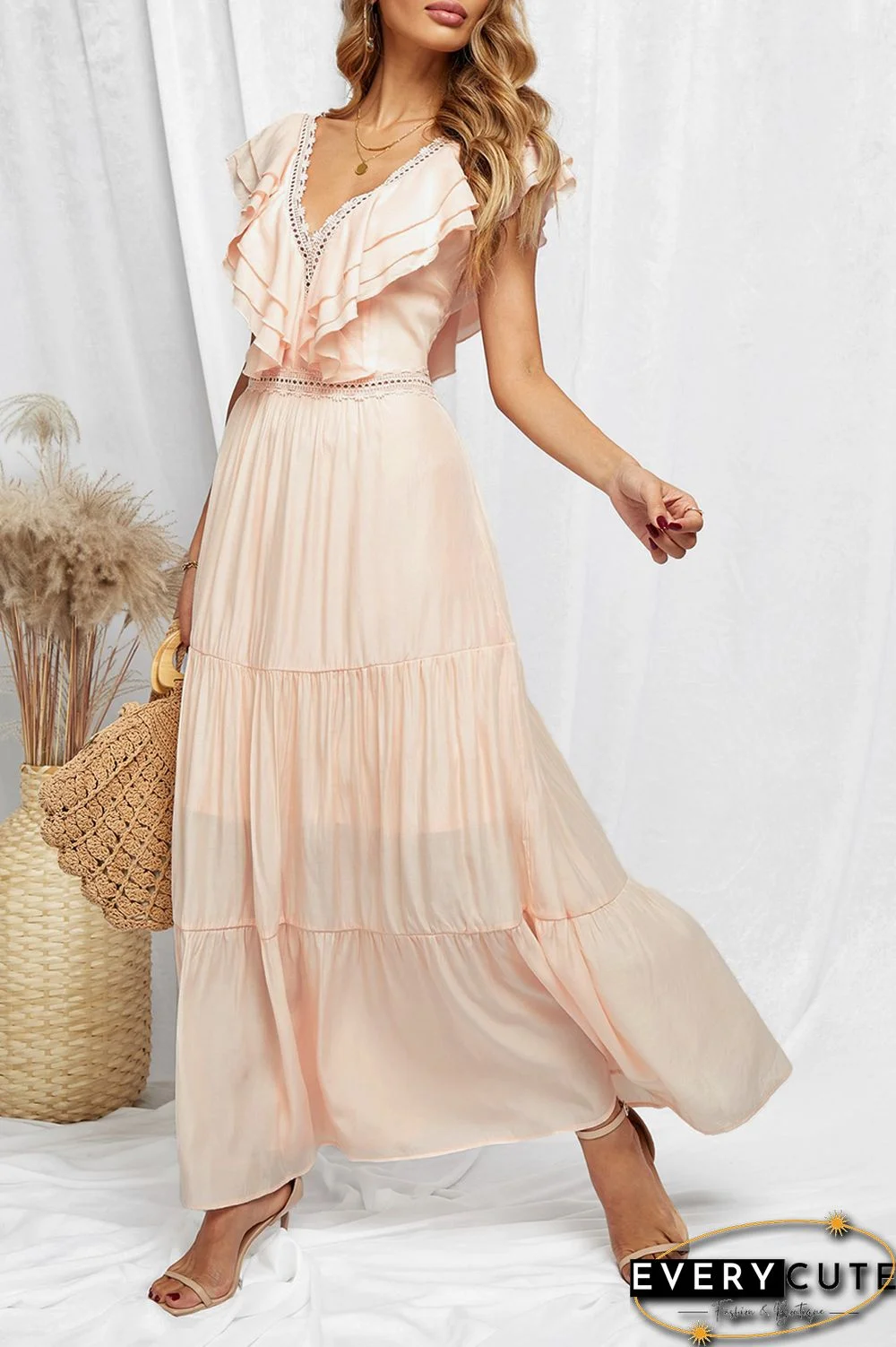Pink Lace Splicing Ruffled Deep V Neck Maxi Dress