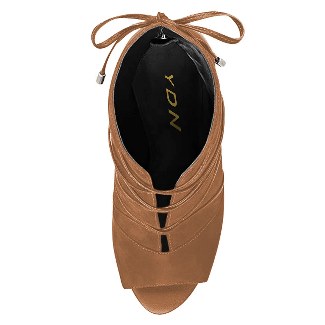 Classy Faux Suede Peep Toe Back-Zip High Heel Ankle Boots in Brown