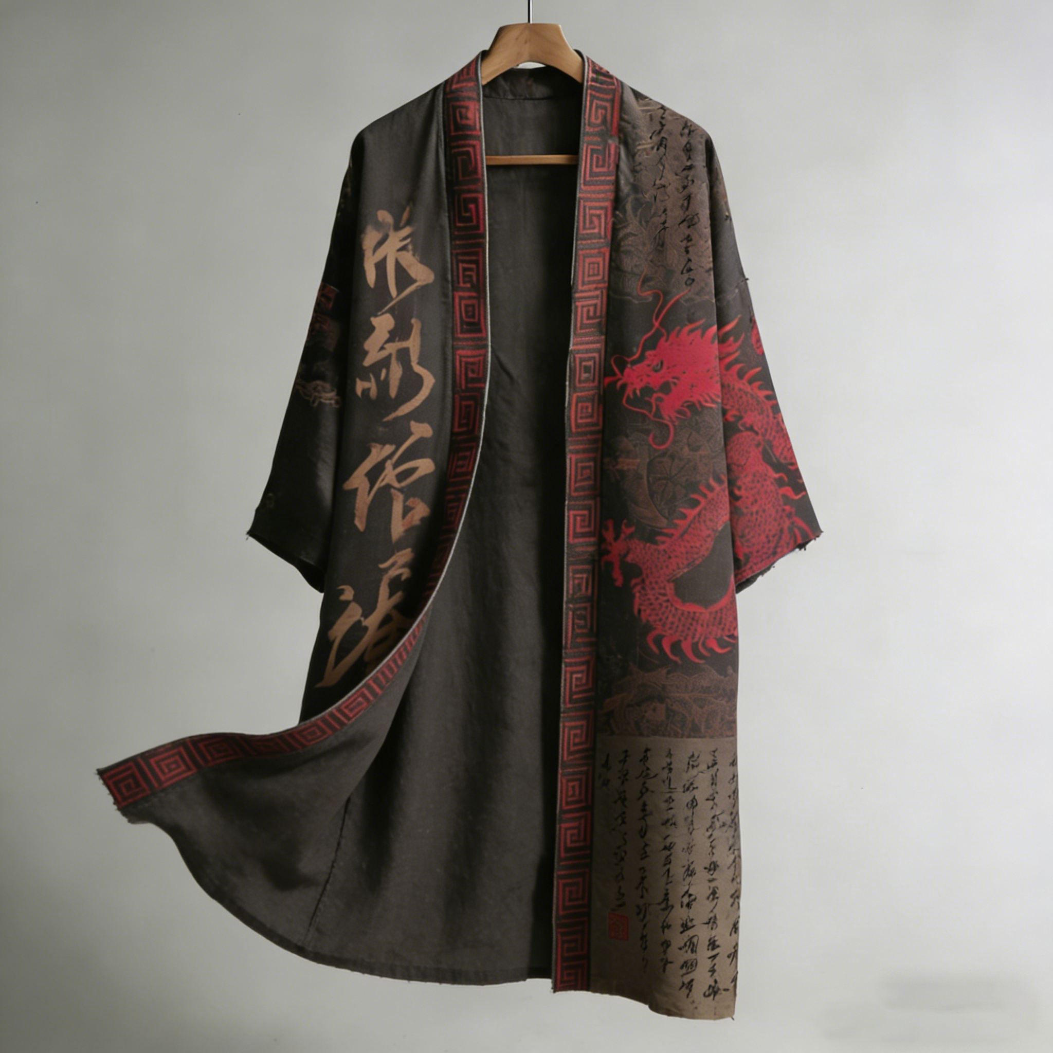 Retro Calligraphy And Dragon Pattern Linen Long Kimono elevenforest