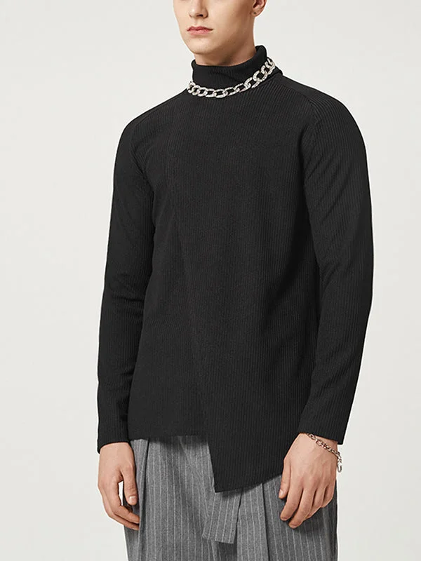 Aonga - Mens Solid High Neck Irregular Long Sleeve Sweater