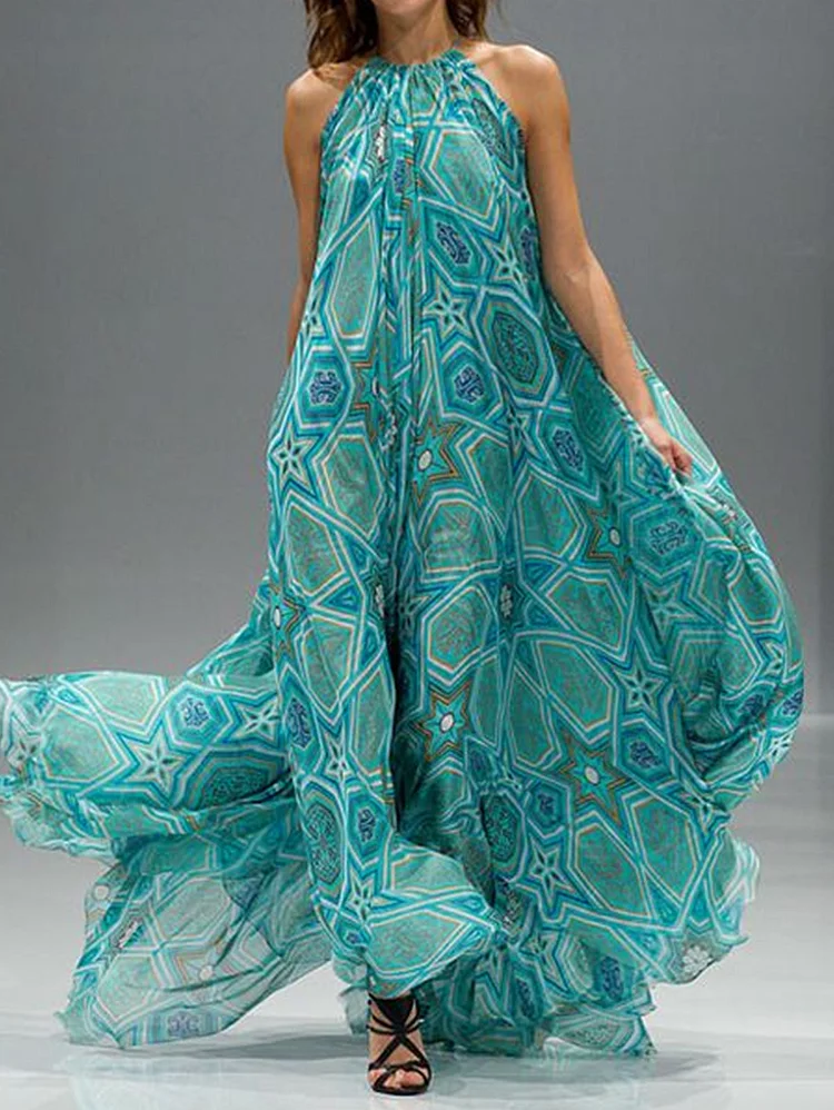 Fashion Geometric Print Sleeveless Flowy Maxi Halter Dress
