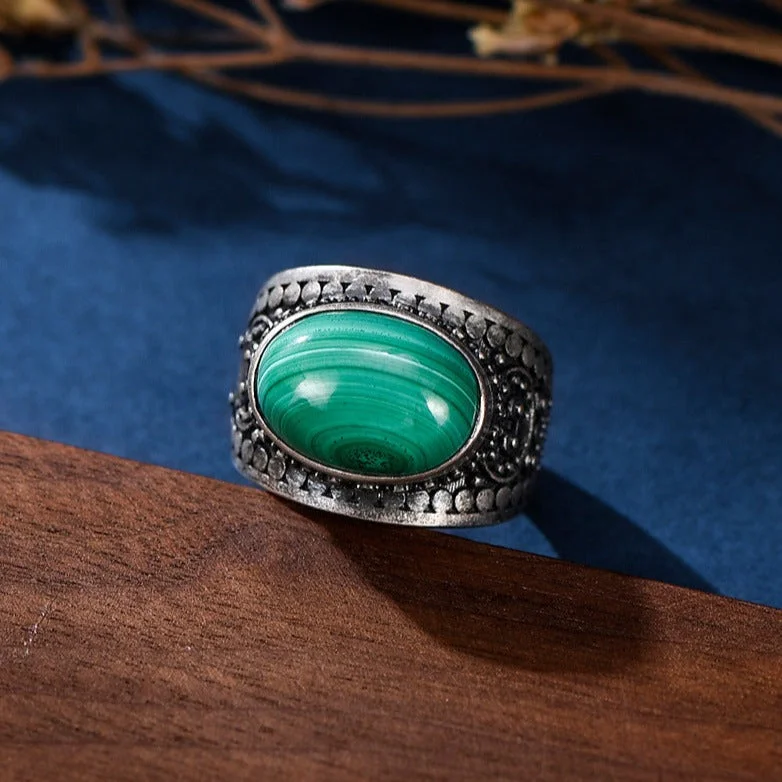 S925 Silver Malachite White Jade Vintage Adjustable Ring