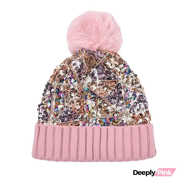 Sequined plush thickened warmth detachable knit hat