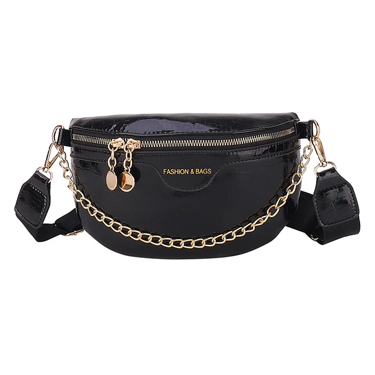 Women Chest Bag Elegant Stone Pattern Crossbody Bags Chains Saddle Bag (Black)