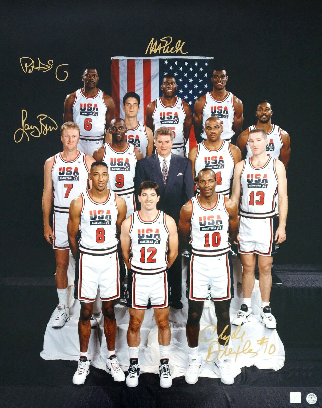 Magic Johnson, Bird, Ewing & Drexler Autographed USA NBA Team 24x36 Photo Poster painting Proof